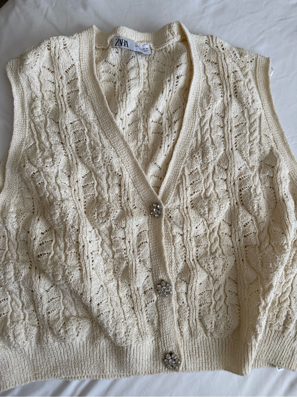 Zara Ivory Cable Knit Buttoned Vest with Jeweled Buttons